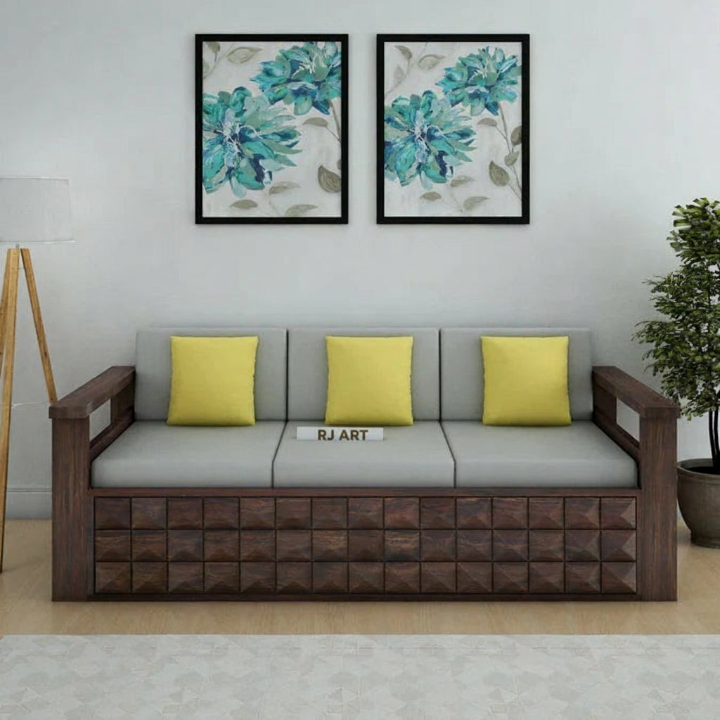 Rjart Sheesham 3 Seater Sofa With Side Pockets - 3 Years Warranty