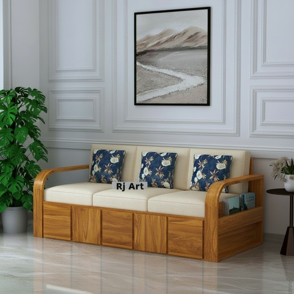 Rjart Scott Sheesham 3 Seater Sofa With Side Pockets - 3 Years Warranty