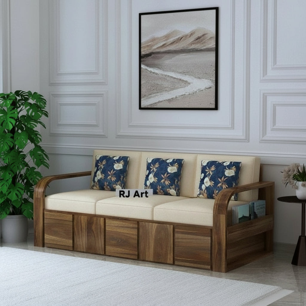 Rjart Scott Sheesham 3 Seater Sofa With Side Pockets - 3 Years Warranty