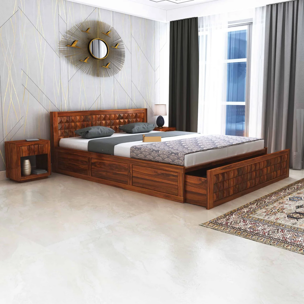 Treso Diamond Solid Sheesham Wood Bed With Half Box and Trolly Storage - 3 Years Warranty