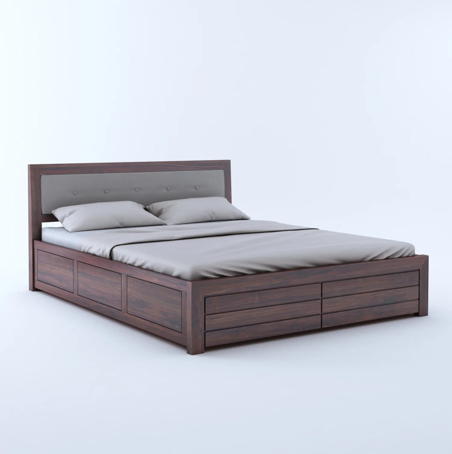 Narin Sheesham Bed With Box Storage And Upholstery Headboard - 3 Years Warranty