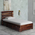 HAXPERTS Twin Sheesham Wood Single Bed With Storage, Natural Brown, Contemporary Style