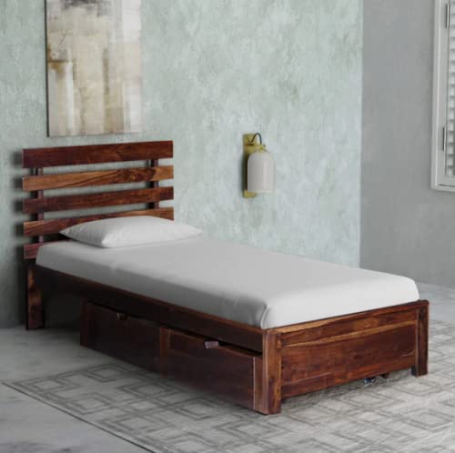 HAXPERTS Twin Sheesham Wood Single Bed With Storage, Natural Brown, Contemporary Style