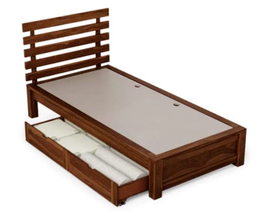 HAXPERTS Twin Sheesham Wood Single Bed With Storage, Natural Brown, Contemporary Style