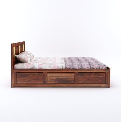 Wood Storage Bed | Double Bed Cot Bed With Box Storage & Brass Work For Bedroom | Sheesham