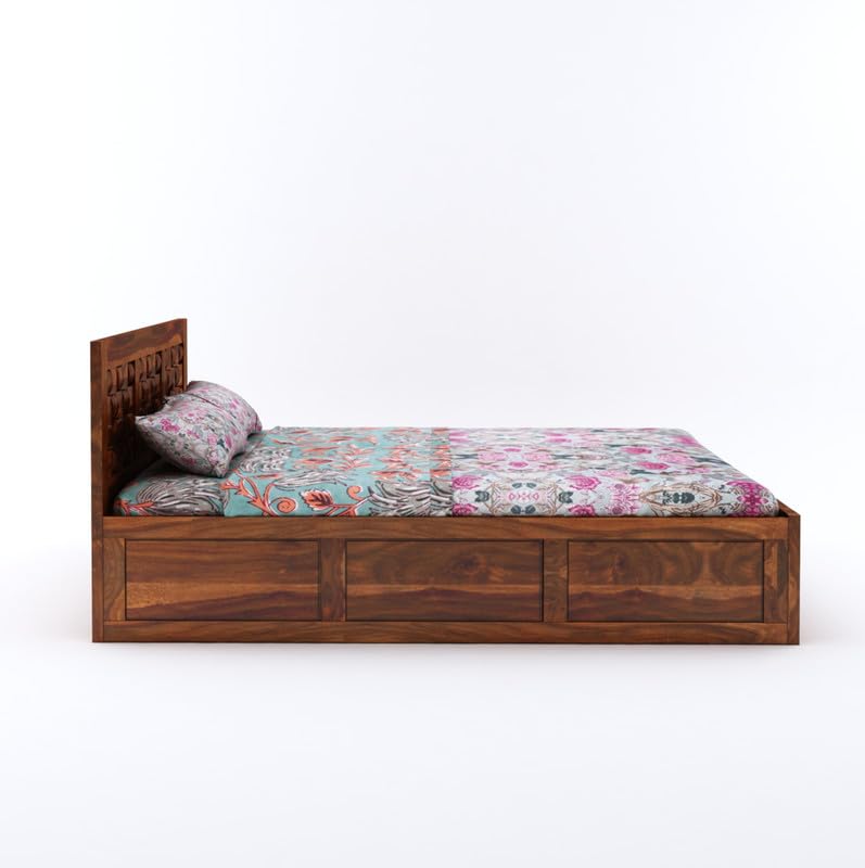 Wooden Bed with Storage | Niwar Design Double Bed Cot Bed with Box Storage for Bedroom & Hotel | Sheesham Wood