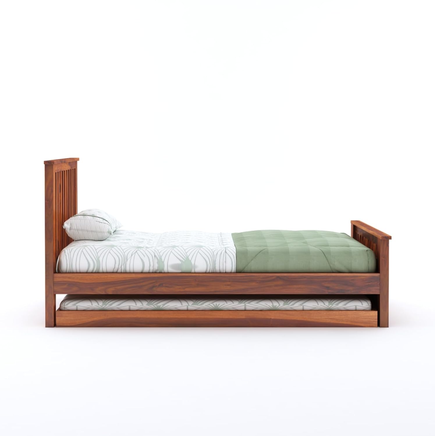 Wooden Single Trundle Bed | Single Bed with 1 Extra Pullout Bed | Wooden Bed Cot Palang for Bedroom, Living Room & Home, Solid Sheesham Wood