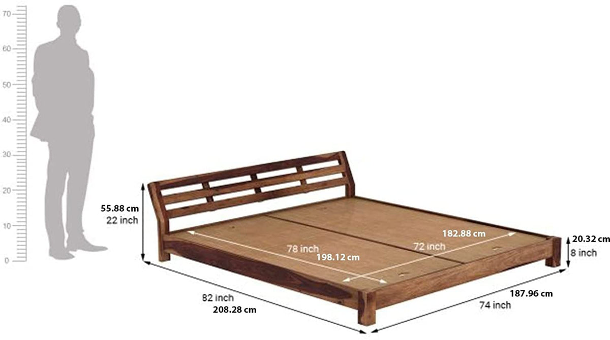 Sheesham Low Height Bed Without Storage | Wood Double Bed | Low Floor/Lying/Rise/Level/ Profile Cot Bed For Bedroom Furniture | Rosewood