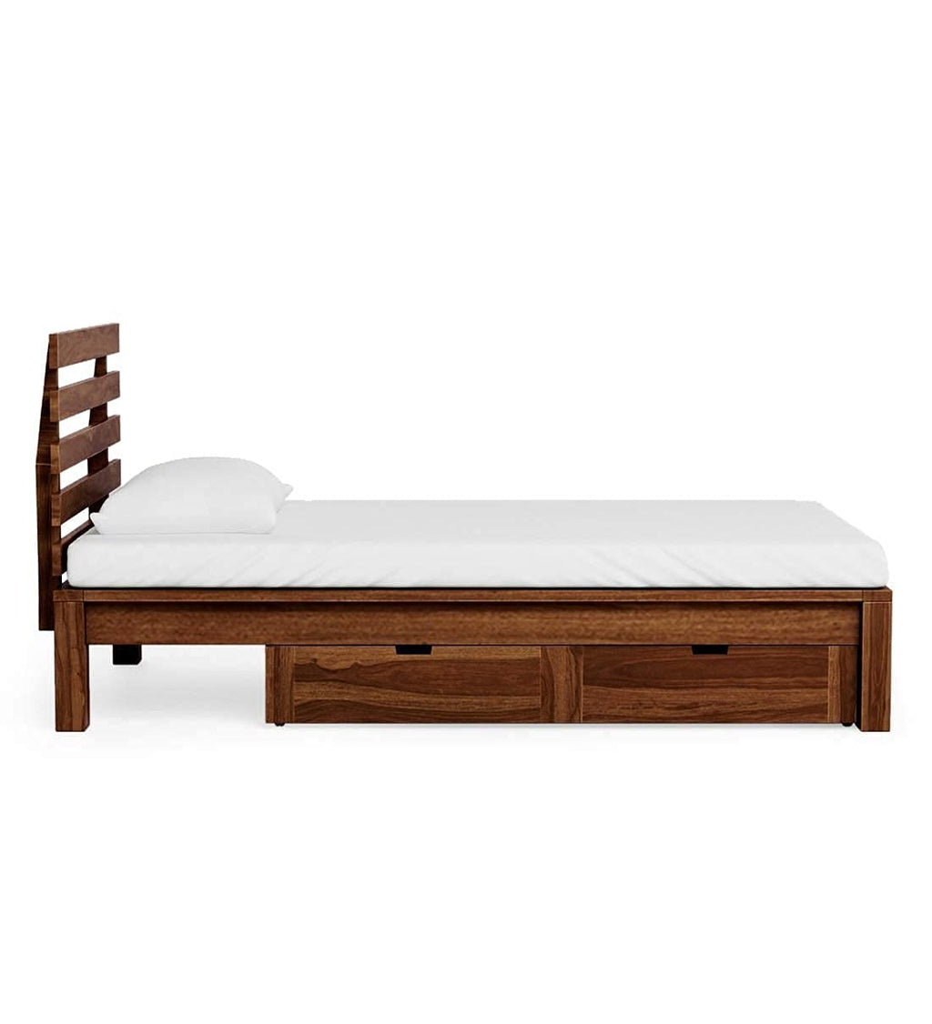 HAXPERTS Twin Sheesham Wood Single Bed With Storage, Natural Brown, Contemporary Style