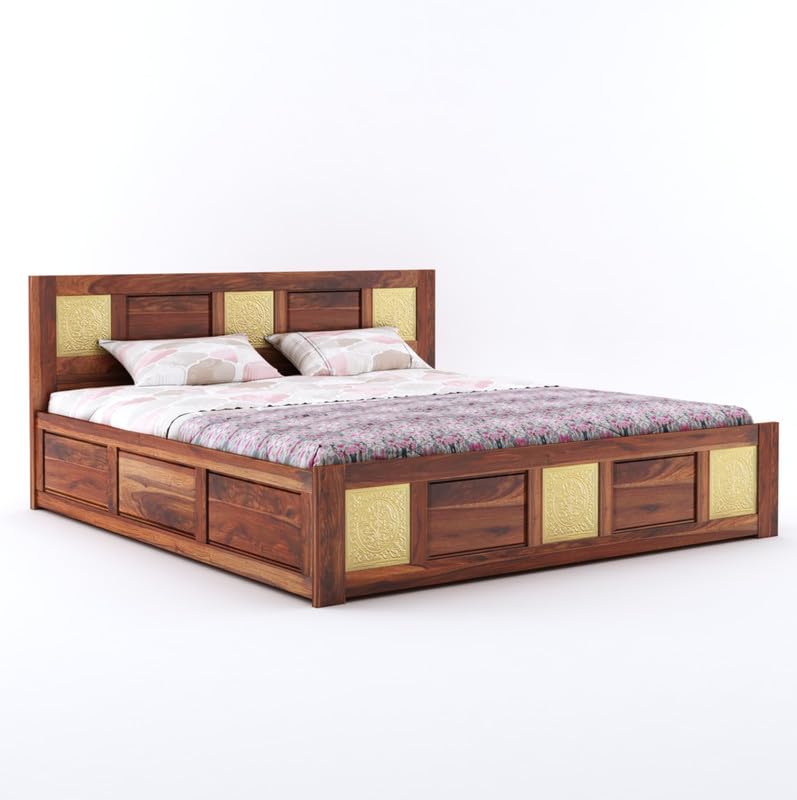 Wood Storage Bed | Double Bed Cot Bed With Box Storage & Brass Work For Bedroom | Sheesham
