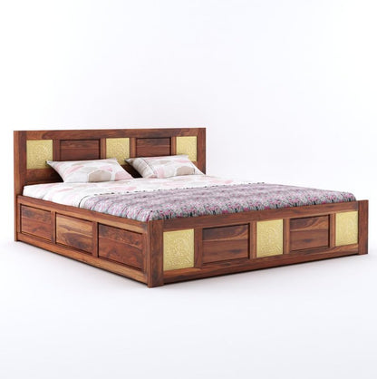 Wood Storage Bed | Double Bed Cot Bed With Box Storage & Brass Work For Bedroom | Sheesham