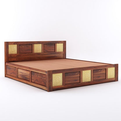 Wood Storage Bed | Double Bed Cot Bed With Box Storage & Brass Work For Bedroom | Sheesham
