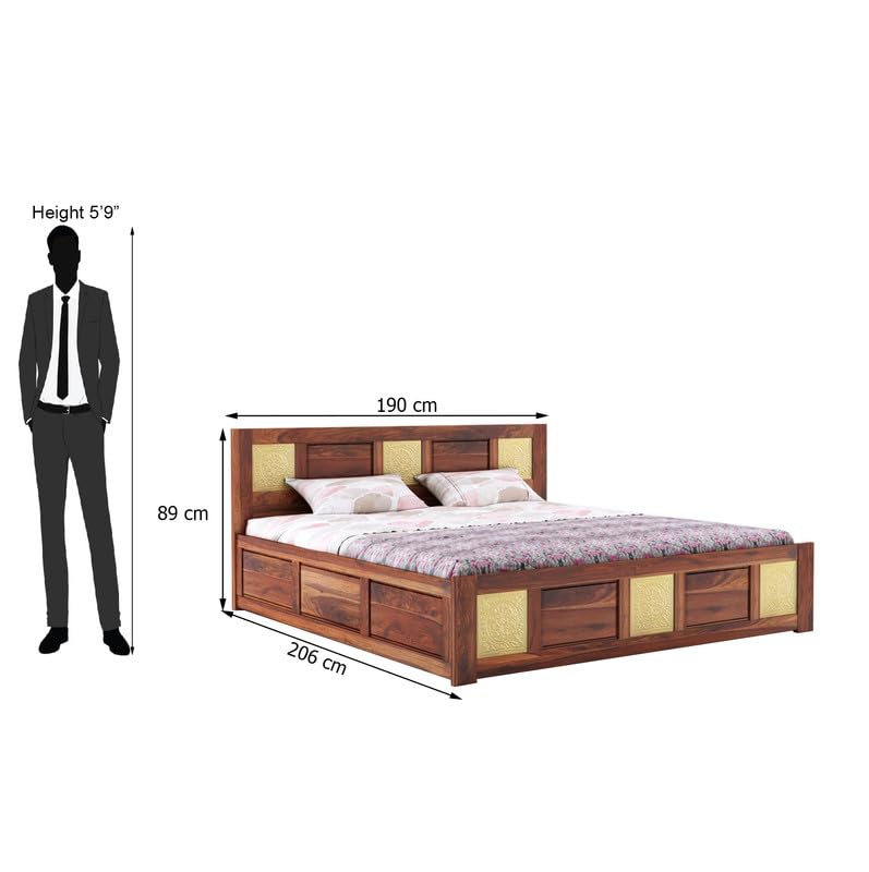 Wood Storage Bed | Double Bed Cot Bed With Box Storage & Brass Work For Bedroom | Sheesham