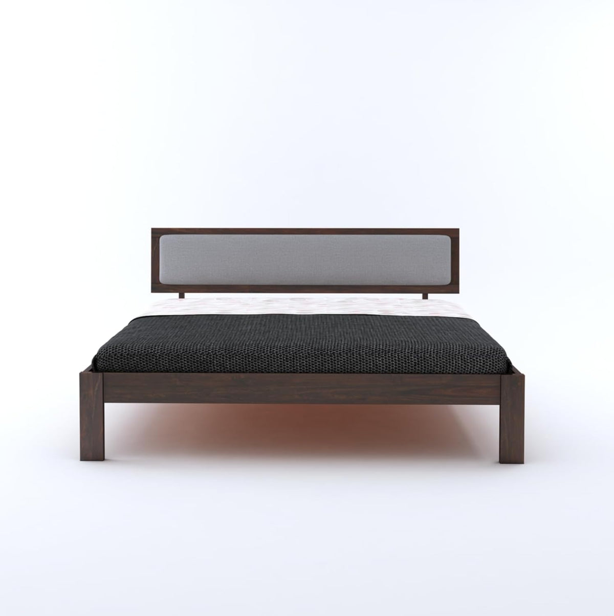 Wood Double Bed | Platform Cot Bed With Upholstered Cushioned Headboard | Sheesham Solid Wood