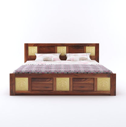 Wood Storage Bed | Double Bed Cot Bed With Box Storage & Brass Work For Bedroom | Sheesham