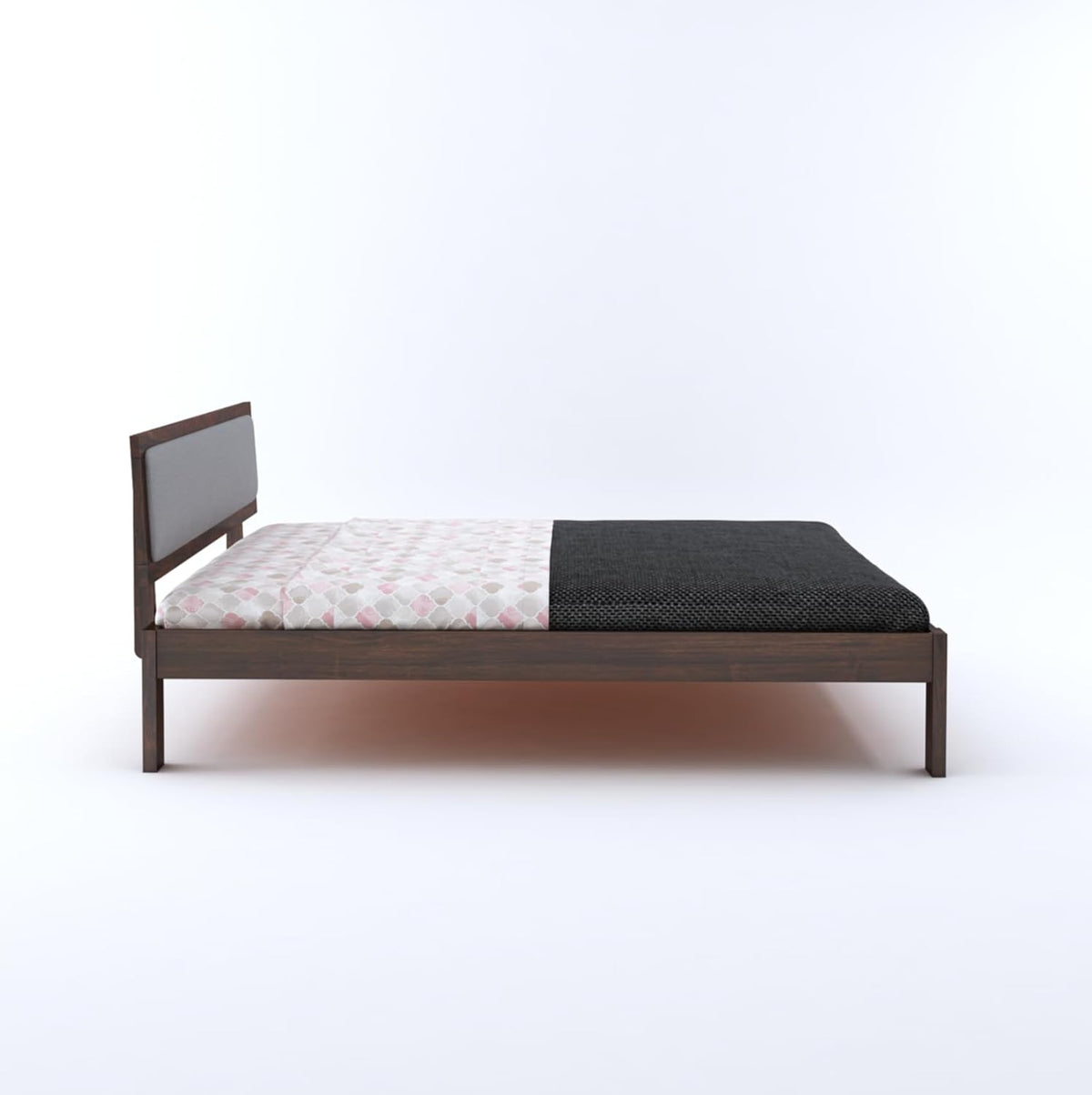 Wood Double Bed | Platform Cot Bed With Upholstered Cushioned Headboard | Sheesham Solid Wood
