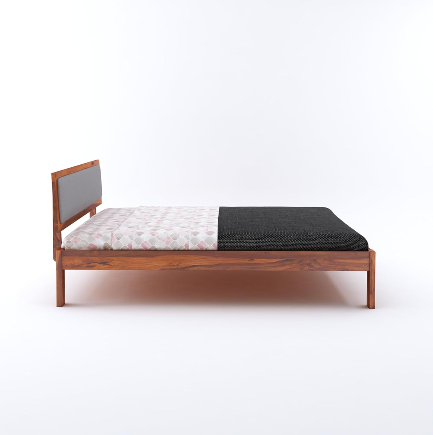 Wooden Bed for Bedroom | Wooden Double Bed | Platform Cot Bed with Upholstered Cushioned Headboard | 6.5 x 6 Ft | Sheesham Solid Wood