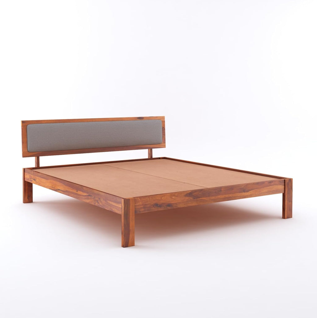 Wooden Bed for Bedroom | Wooden Double Bed | Platform Cot Bed with Upholstered Cushioned Headboard | 6.5 x 6 Ft | Sheesham Solid Wood