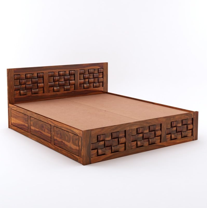Wooden Bed with Storage | Niwar Design Double Bed Cot Bed with Box Storage for Bedroom & Hotel | Sheesham Wood