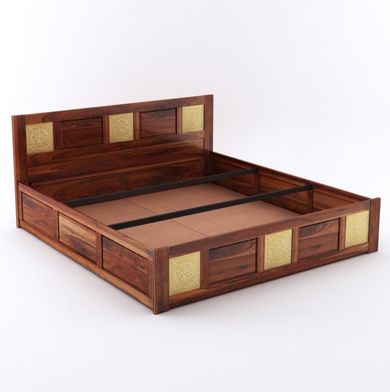 Wood Storage Bed | Double Bed Cot Bed With Box Storage & Brass Work For Bedroom | Sheesham