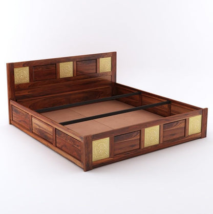 Wood Storage Bed | Double Bed Cot Bed With Box Storage & Brass Work For Bedroom | Sheesham