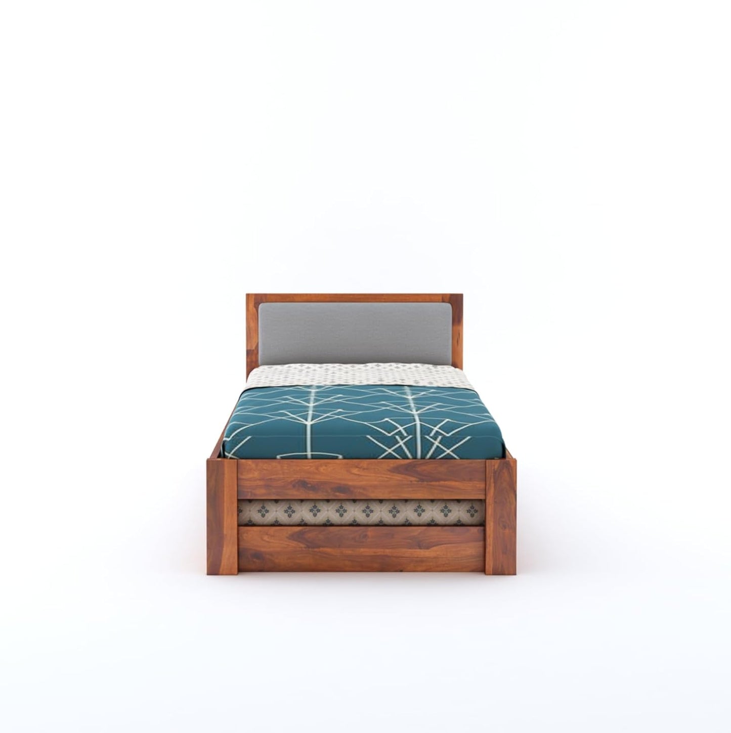Rjart Wooden Single Trundle Bed | Wooden Single Bed with 1 Extra Pullout Bed Cot Palang with Upholstered Headboard for Bedroom, Kids Room | Solid Sheesham...