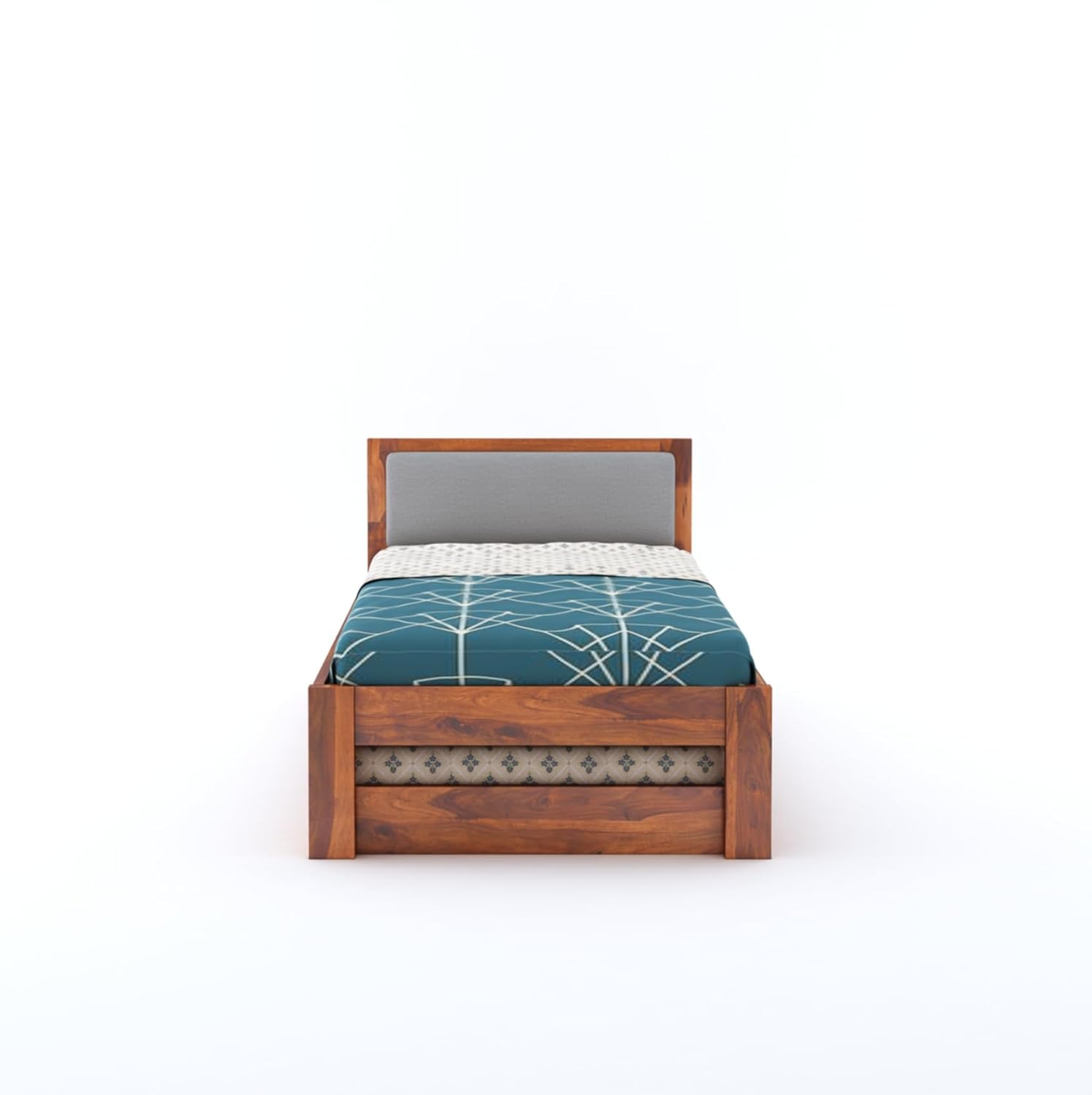 Rjart Wooden Single Trundle Bed | Wooden Single Bed with 1 Extra Pullout Bed Cot Palang with Upholstered Headboard for Bedroom, Kids Room | Solid Sheesham...