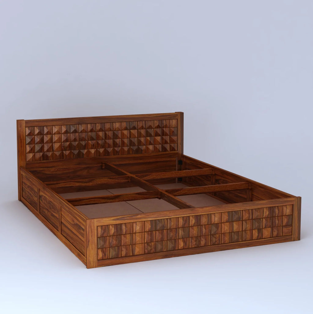 Treso Diamond Solid Sheesham Wood Full Box Storage Bed - 3 Years Warranty