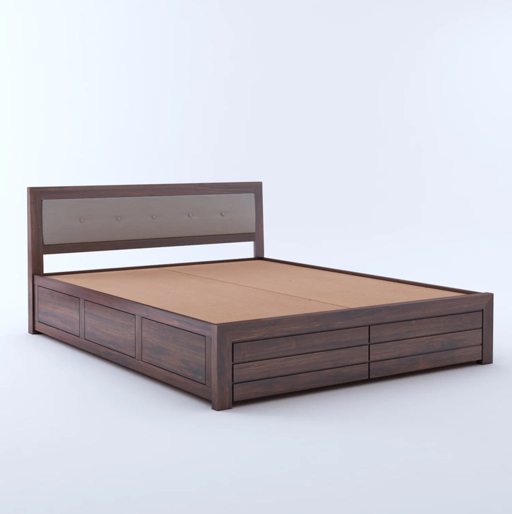 Narin Solid Sheesham Wood Bed with Box Storage and Upholstery Headboard - 3 Years Warranty