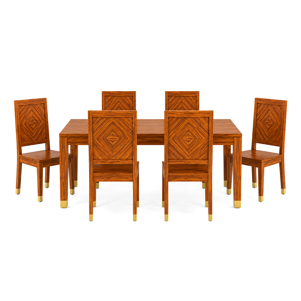 Wooden Rattan 6 Seater Dining Table Set with Upholstered Chairs
