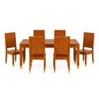 Wooden Rattan 6 Seater Dining Table Set with Upholstered Chairs
