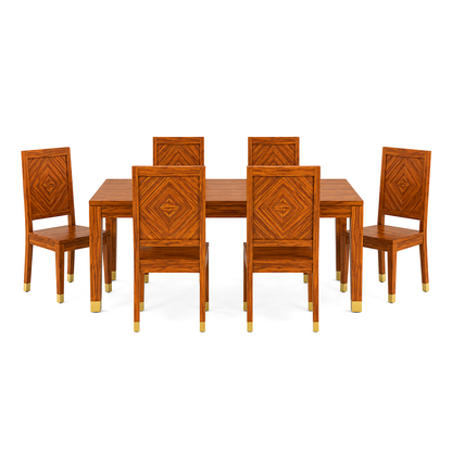 Wooden Rattan 6 Seater Dining Table Set with Upholstered Chairs
