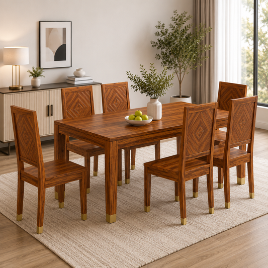 Wooden Rattan 6 Seater Dining Table Set with Upholstered Chairs
