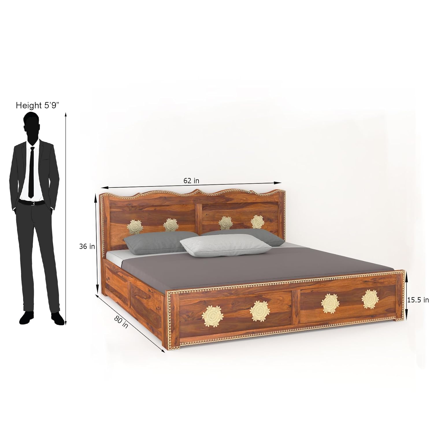 Wood King Size Storage Bed | Double Bed Cot Bed With Box Storage And Traditional Brass Work For Bedroom