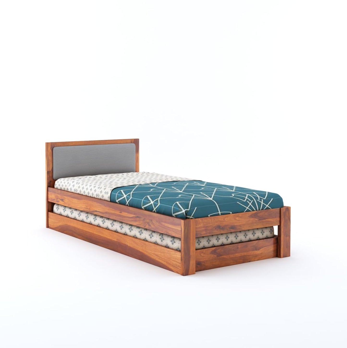 Rjart Wooden Single Trundle Bed | Wooden Single Bed with 1 Extra Pullout Bed Cot Palang with Upholstered Headboard for Bedroom, Kids Room | Solid Sheesham...