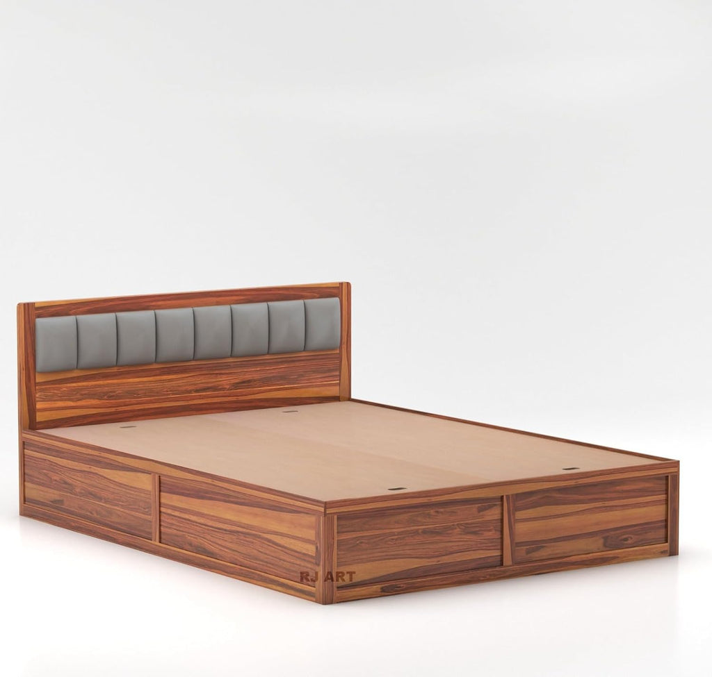 Wooden Bed with Storage | Double Bed Cot Bed with Box Storage & Upholstered Cushioned Headboard for Bedroom | Sheesham Wood