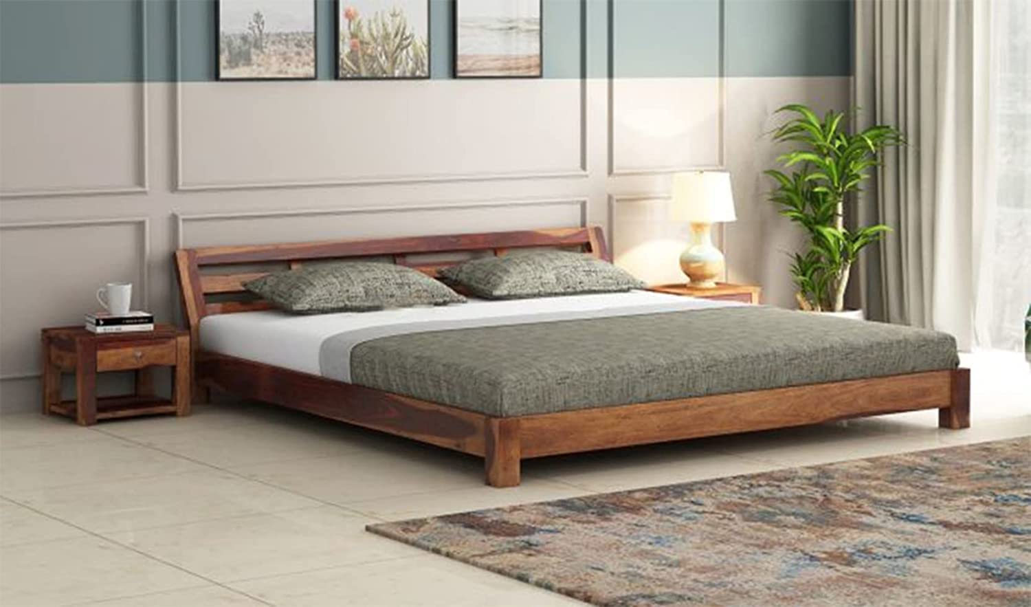 Solid Sheesham Wood Low Height Bed Without Storage | Wooden Double Bed | Low Floor/Lying/Rise/Level/Profile Cot Bed for Bedroom Furniture | Rosewood