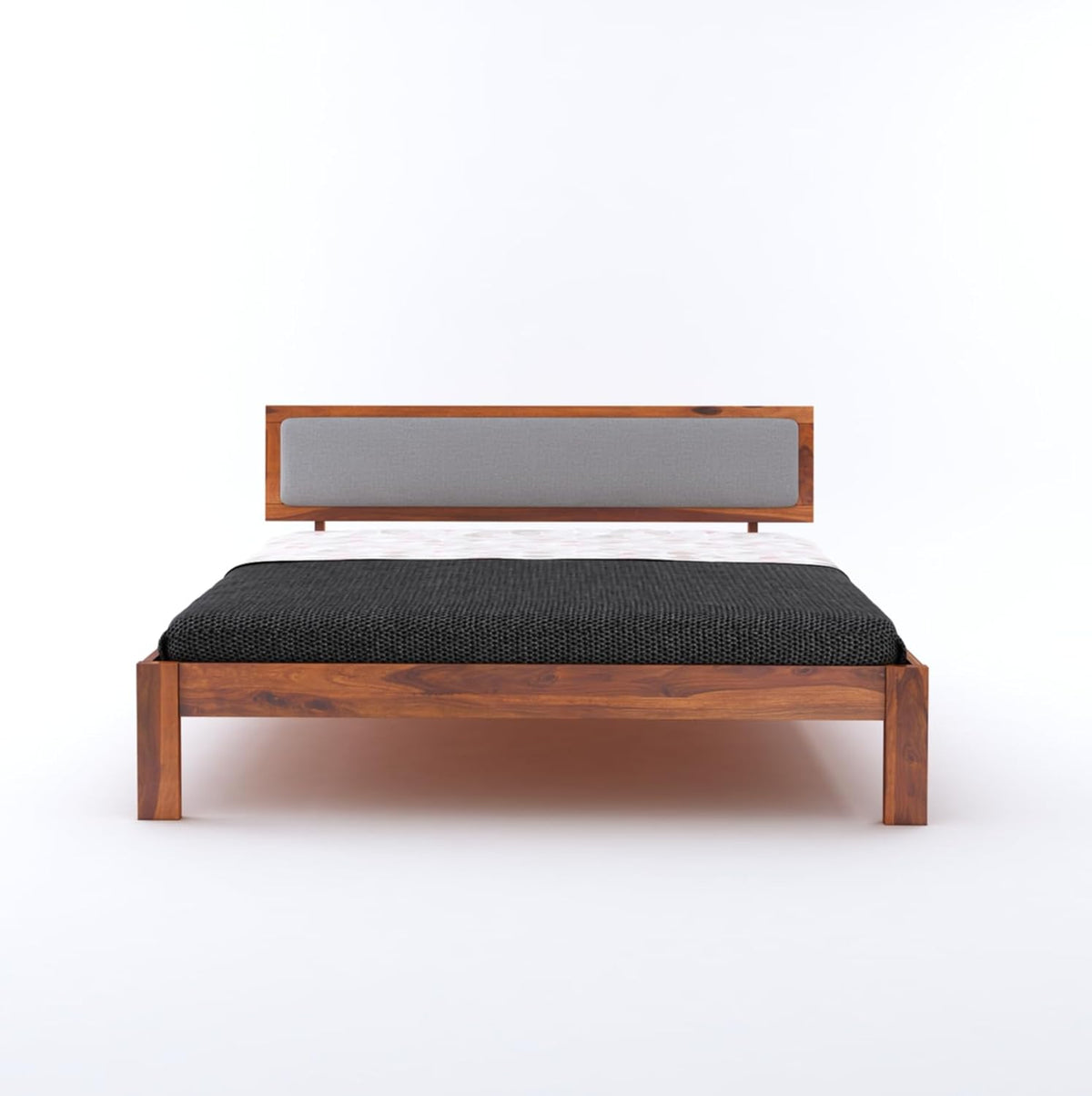 Wood Bed For Bedroom | Platform Cot Bed With Upholstered Cushioned Headboard | Sheesham Solid Wood