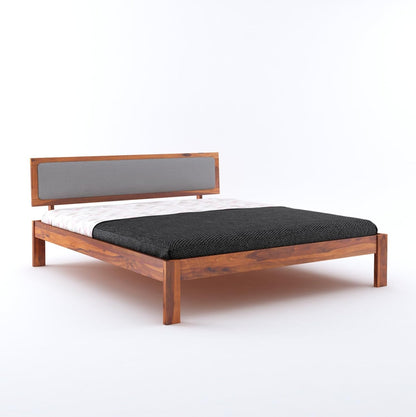 Wood Bed For Bedroom | Platform Cot Bed With Upholstered Cushioned Headboard | Sheesham Solid Wood