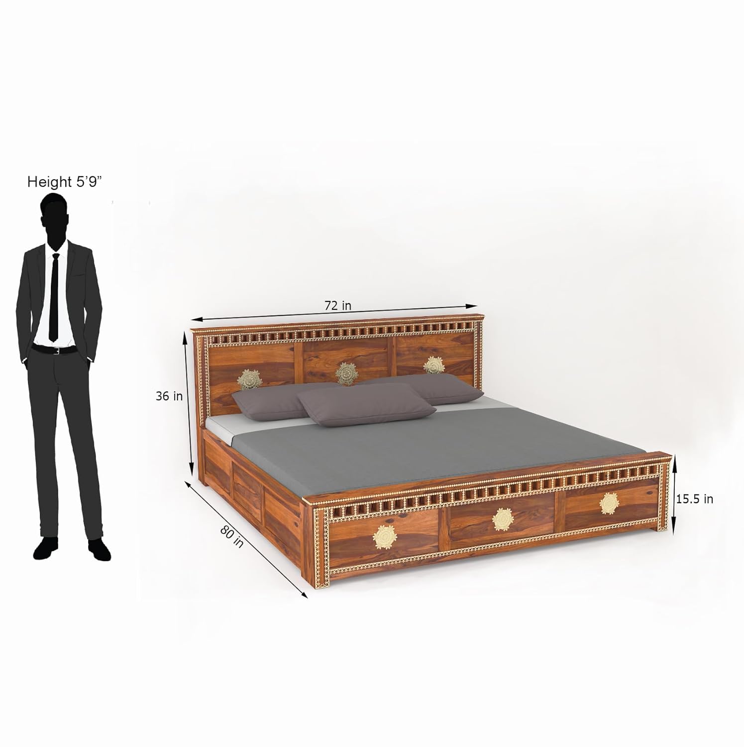 Rj Art Wood Storage Bed | Kuber Design Double Bed Cot Bed With Box Storage And Traditional Brass Work For Bedroom