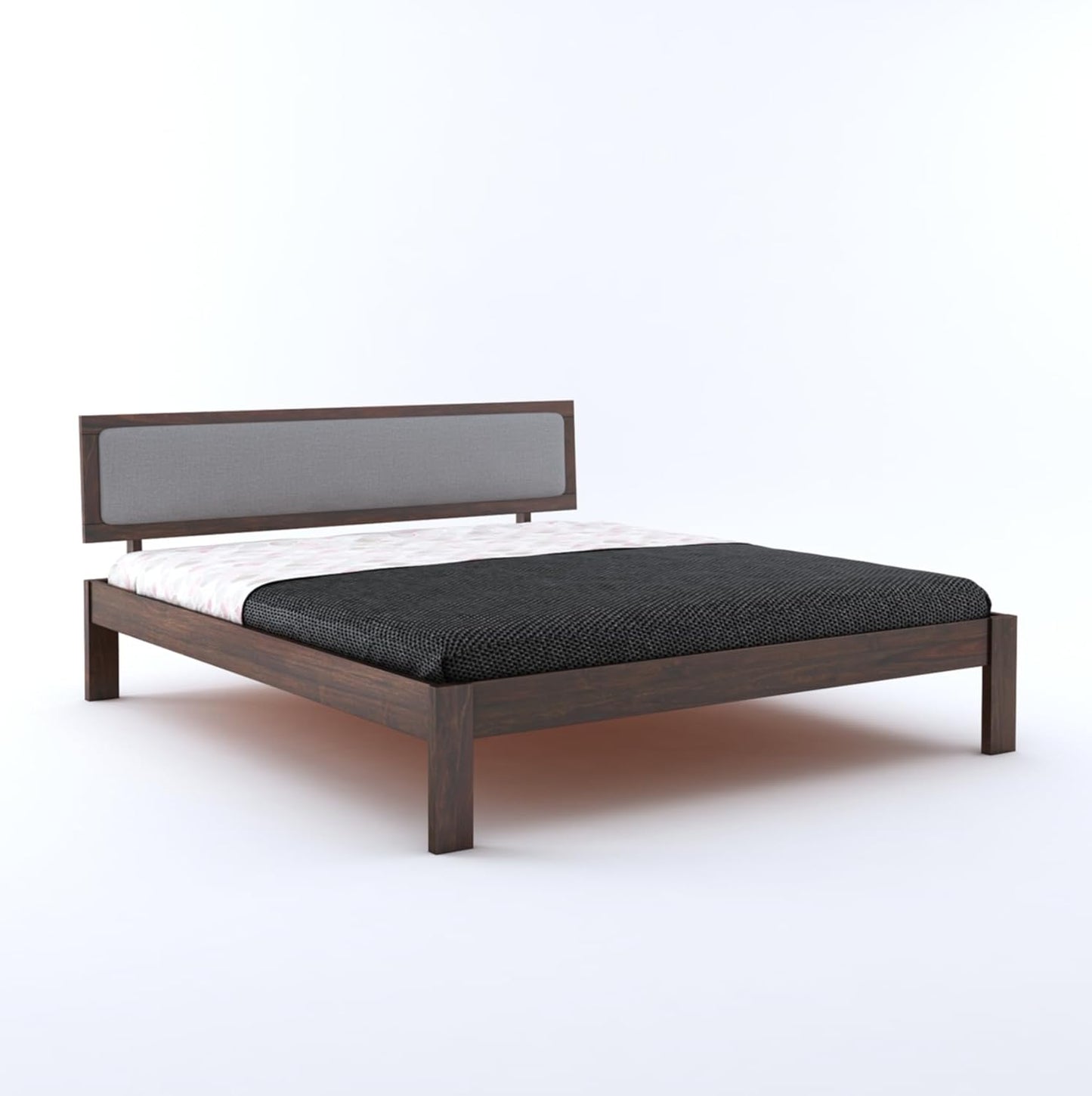 Wood Double Bed | Platform Cot Bed With Upholstered Cushioned Headboard | Sheesham Solid Wood
