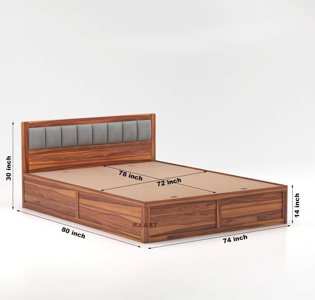 Wooden Bed with Storage | Double Bed Cot Bed with Box Storage & Upholstered Cushioned Headboard for Bedroom | Sheesham Wood