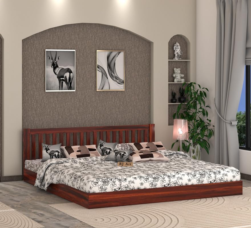 Wooden Low Height Bed Without Storage | Wooden Platform Double Bed | Space Saving Low Floor/Lying/Rise/Level/Profile Cot Bed for Bedroom | Basic Headboard