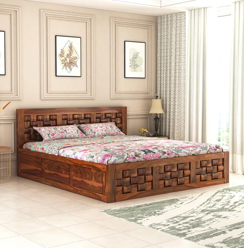 Wooden Bed with Storage | Niwar Design Double Bed Cot Bed with Box Storage for Bedroom & Hotel | Sheesham Wood