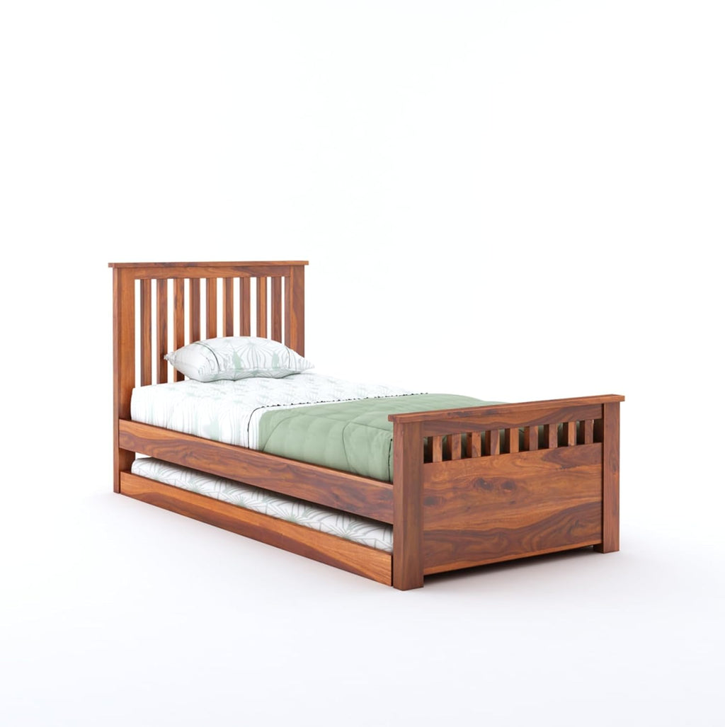 Wooden Single Trundle Bed | Single Bed with 1 Extra Pullout Bed | Wooden Bed Cot Palang for Bedroom, Living Room & Home, Solid Sheesham Wood
