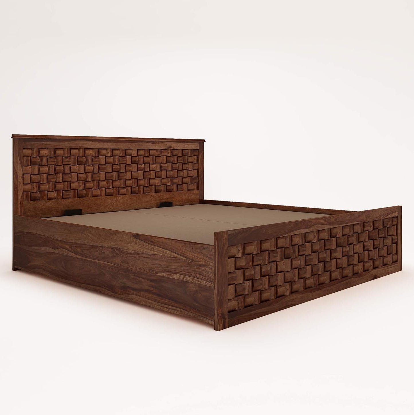 Sheesham King Size Storage Bed | Wood Double Bed With Niwar Design For Bedroom & Living Room