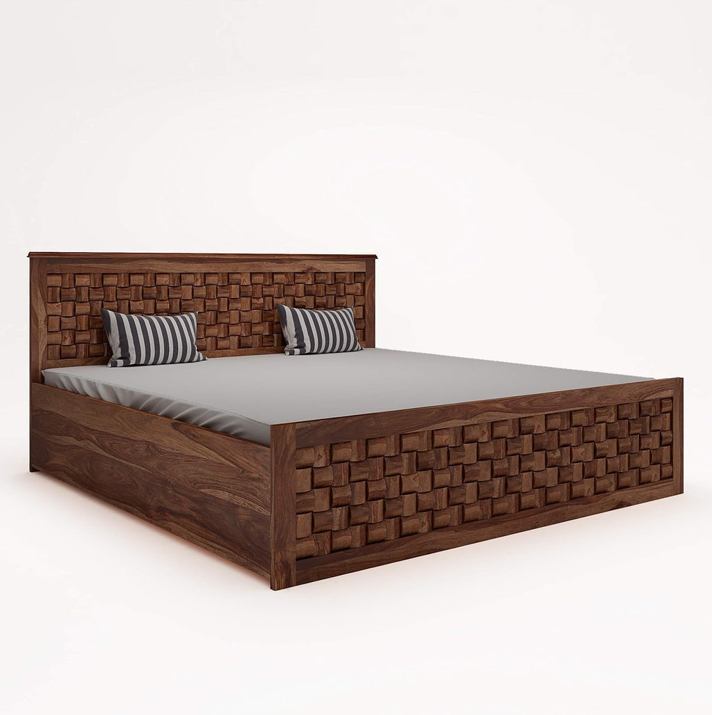 Solid Sheesham Wood King Size Bed with Storage | Wooden Double Bed with Niwar Design for Bedroom & Living Room