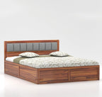Wooden Bed with Storage | Double Bed Cot Bed with Box Storage & Upholstered Cushioned Headboard for Bedroom | Sheesham Wood