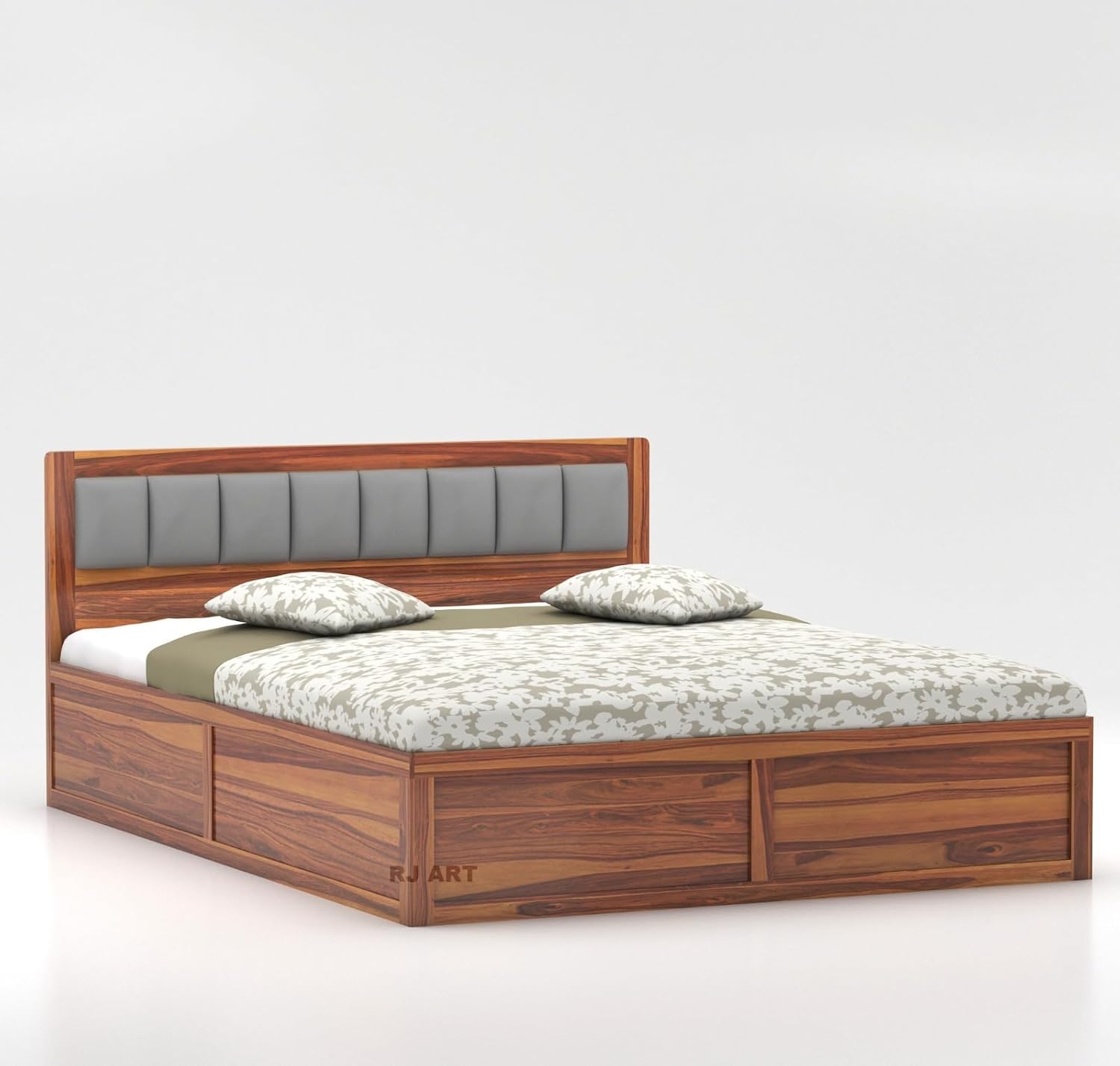 Wooden Bed with Storage | Double Bed Cot Bed with Box Storage & Upholstered Cushioned Headboard for Bedroom | Sheesham Wood