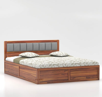 Double Bed Cot Bed With Box Storage & Upholstered Cushioned Headboard For Bedroom | Sheesham